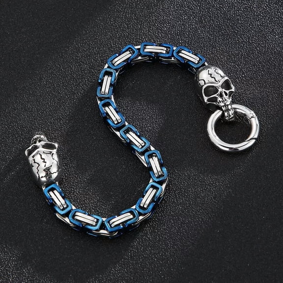 HOOUN Stainless Steel Double Skull Byzantine Chain Bracelet For Men Blue 6mm 8.66''
