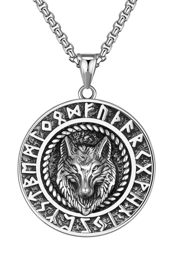 Stainless Steel Retro Viking Wolf Head Necklace Pendant Lucky Chain Jewelry