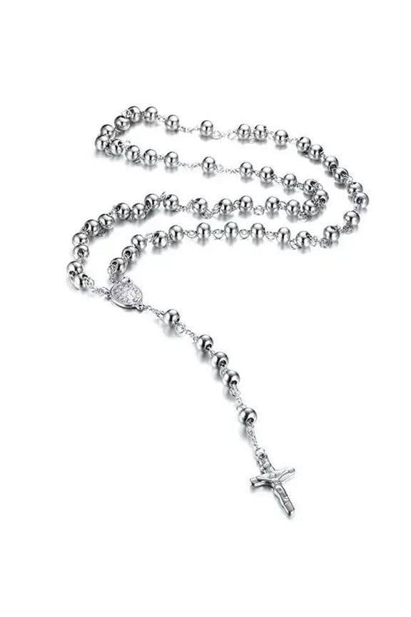Stainless Steel Rosary Bead Chain Jesus Cross Catholic Crucifix Necklace 4mm