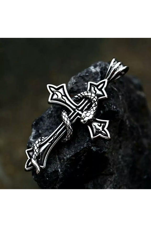 Stainless Steel Snake Cross Pendant Necklace Men's Punk Retro Biker Jewelry Gift