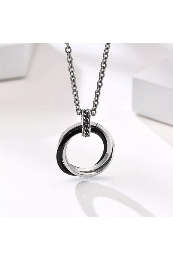 Stainless Steel Three Interlocking Braided Circles Pendant Necklace Black Silver