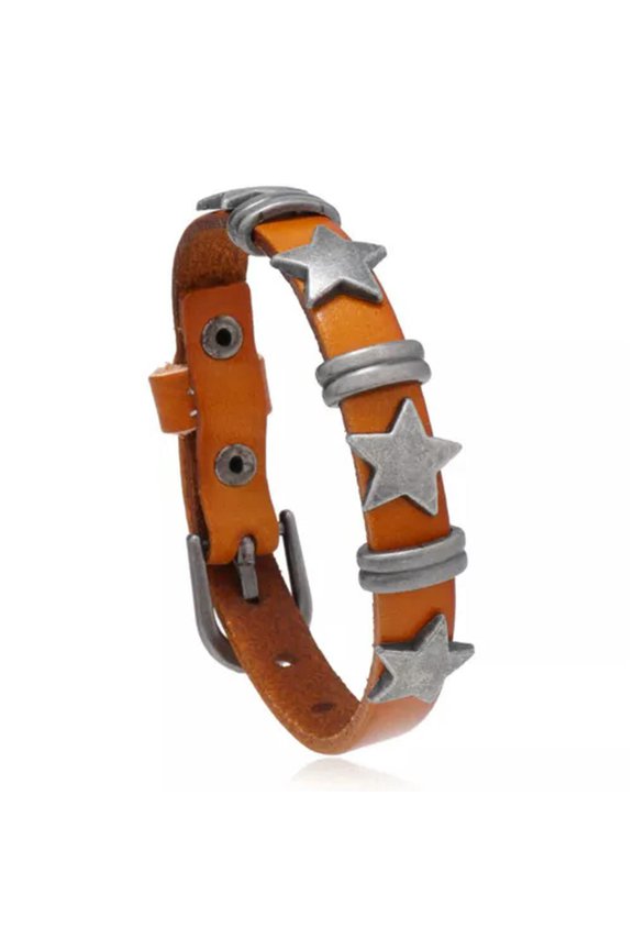 Star Gothic Rock Punk Leather Bracelet Wristband Surfer Wrap Cuff Belt Bangle-Earth-yellow