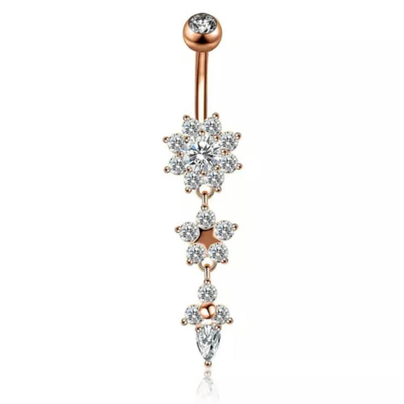 HOOUN Stylish Navel Belly Ring Rhinestone Button Bar Barbell Body Piercing Jewelry-#23 Rose Gold Crystal Flower