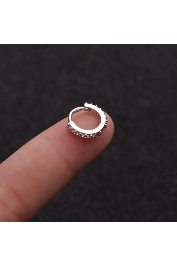 Surgical Steel Hinge Segment Nose Ring Rhinestone Clicker Ear Helix Tragus Hoop-silver 8mm