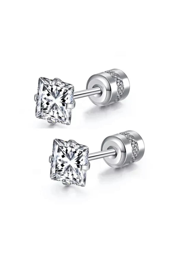 Surgical Steel Silver Square CZ Screw Back Ear Stud Earrings For Women Men 2Pcs-5mm