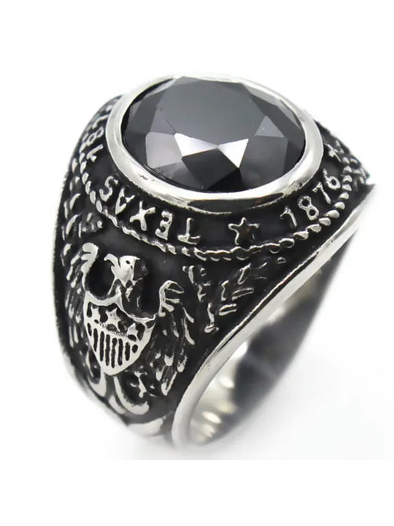 TEXAS 1876 UNIVERSITY RING STAINLESS STEEL BLACK AGATE EAGLE BIKER GOTHIC RING-10
