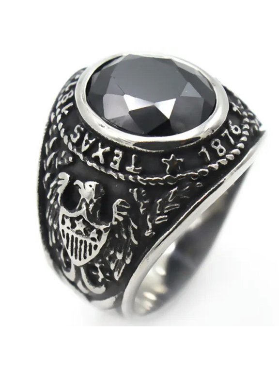 TEXAS 1876 UNIVERSITY RING STAINLESS STEEL BLACK AGATE EAGLE BIKER GOTHIC RING-7