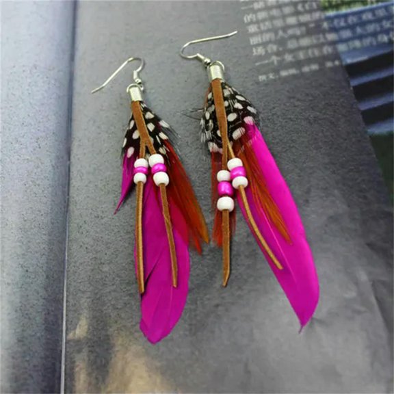 HOOUN Tassel Dangling Earrings Feather Leather Beads Earrings Indian Feathers PxJ O:yq-Rose Red