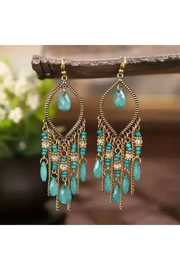 Women Teal Blue Bohemian Style Hand Braided Long Tassel Beaded Earrings
