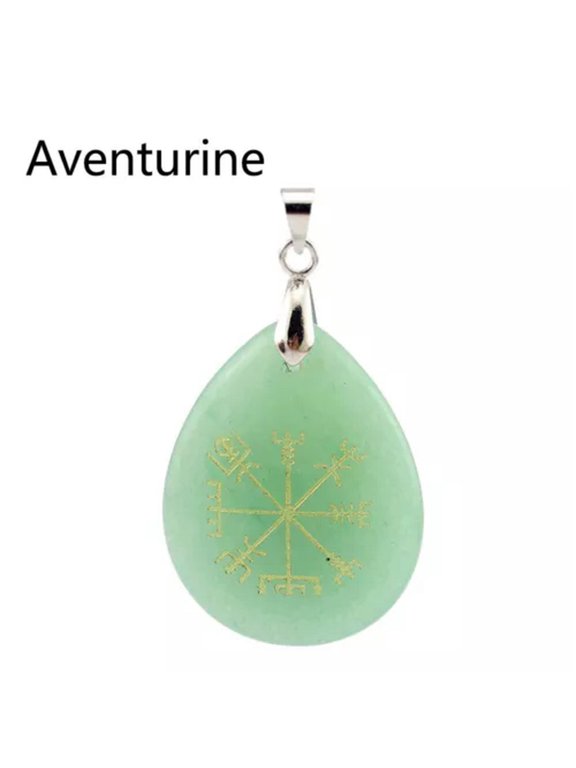 Teardrop Vegvisir Pendant Natural Chakra Stones Engraved Viking Talsman Symbol-Green Aventurine (Vegvisir)