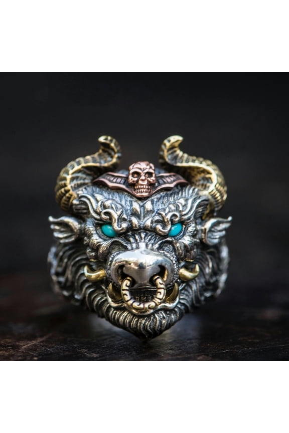 Thai Silver Ring Bull Head Opening Style Index Finger Ring, Domineering Carved-B