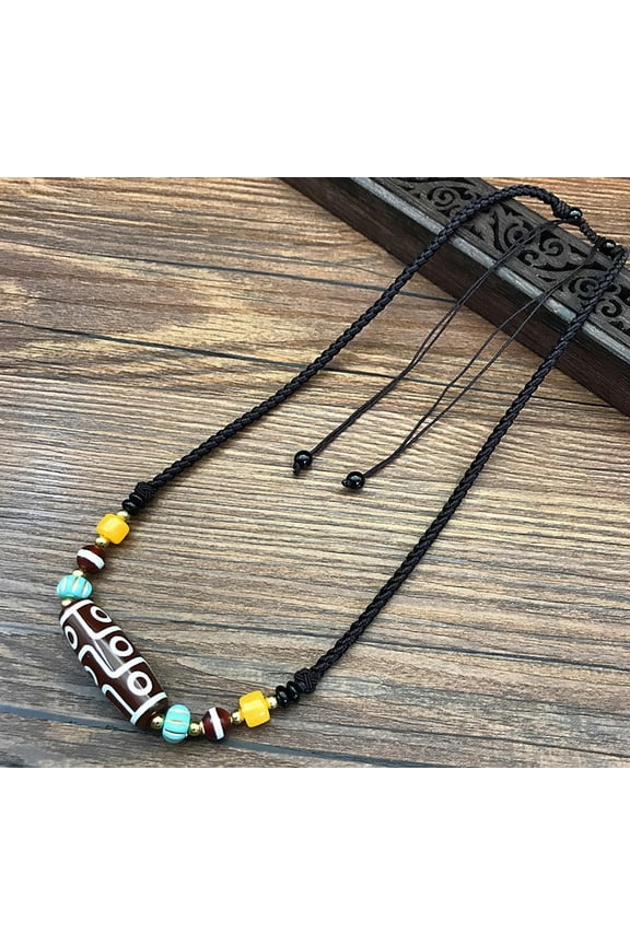 Tibetan Agate Bead Necklace with Nine Eye Beads Woven Rope for Men and Women-Black Red