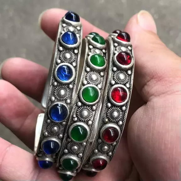 HOOUN Tibetan Silver Bracelet Handpiece Inlaid with Gemstone Opening Bracelet Ethnic-red