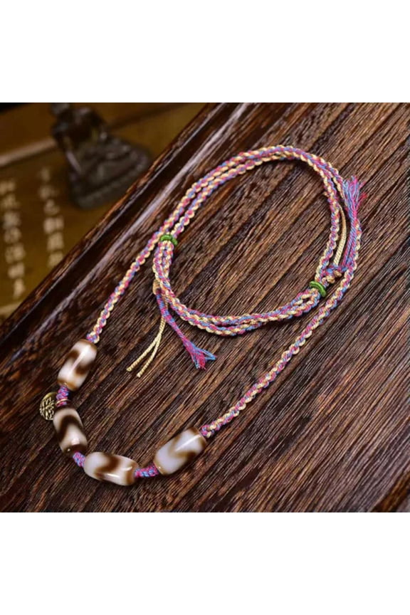 Tibetan Style Natural Agate Beads Handcrafted Woven Rope Pendant Necklace