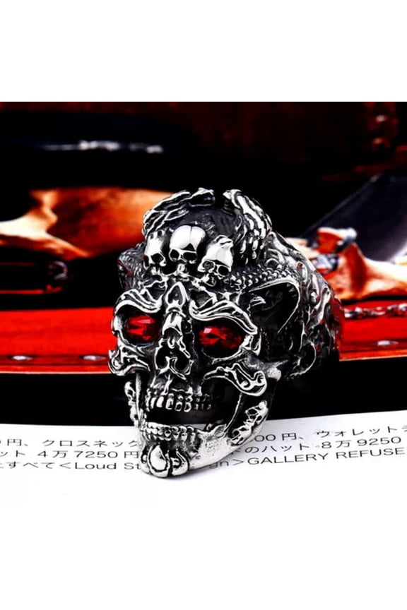 Triple Skull Crown Red CZ Eye Skull King Ring Stainless Steel Gothic Biker Ring-13