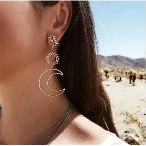 HOOUN Unique Roes Gold Star Moon Asymmetry Design Earrings Simple Elegant And Fashion
