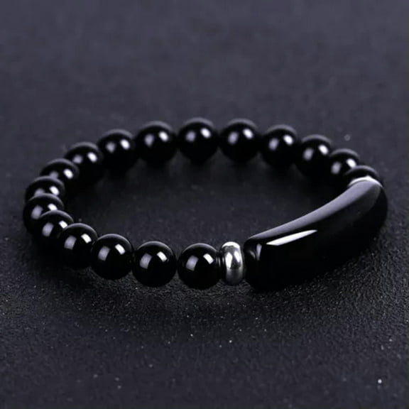 HOOUN Unisex Natural Gemstone Crystal Bracelet Stretch Beads Crown Bangle Jewelry Gift-Black Agate