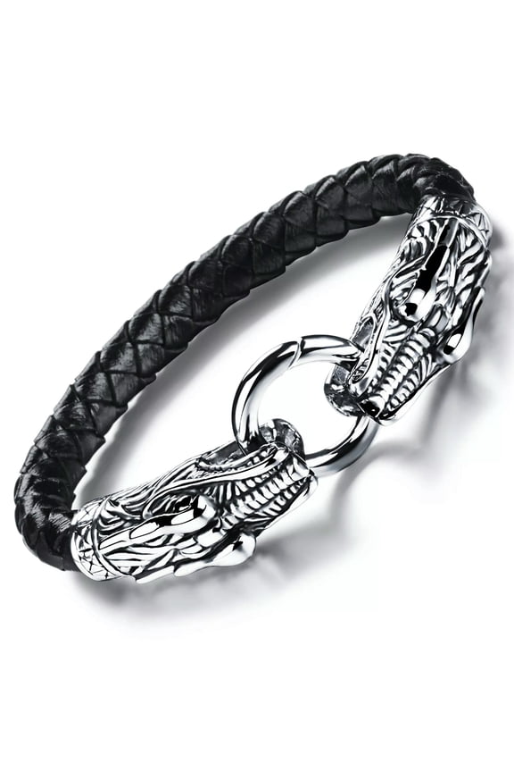 Unisex Stainless steel Casting Two Dragon Genuine leather bracelet 7.87''