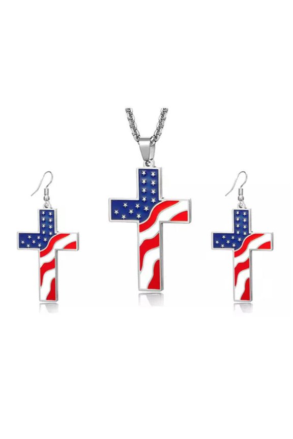 United States Star Cross Pendant Chain Stud US Flag Earring Necklace Set Gift-Silver