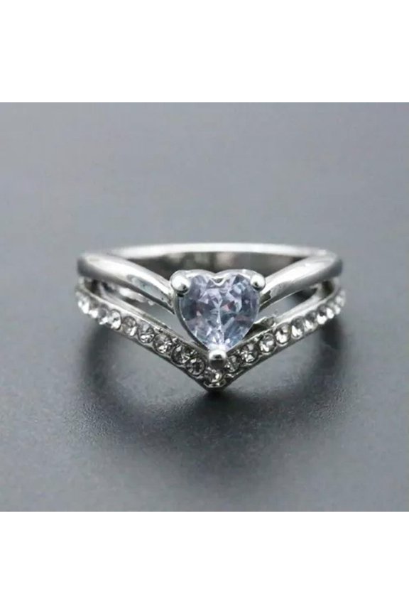 V shaped White Heart Zircon Rings Silver Plated Women Wedding Jewelry Gift-6-01#