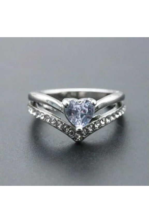 V shaped White Heart Zircon Rings Silver Plated Women Wedding Jewelry Gift-7-01#