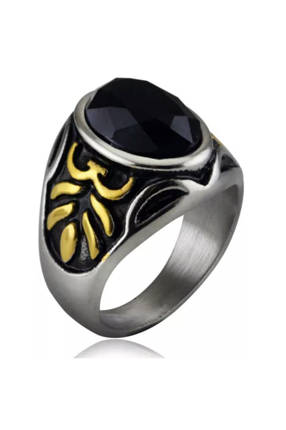 VINTAGE FLOWER BLACK AGATE RING STAINLESS STEEL MEN BIKER GOTHIC PUNK ROCK RING-Gold-12