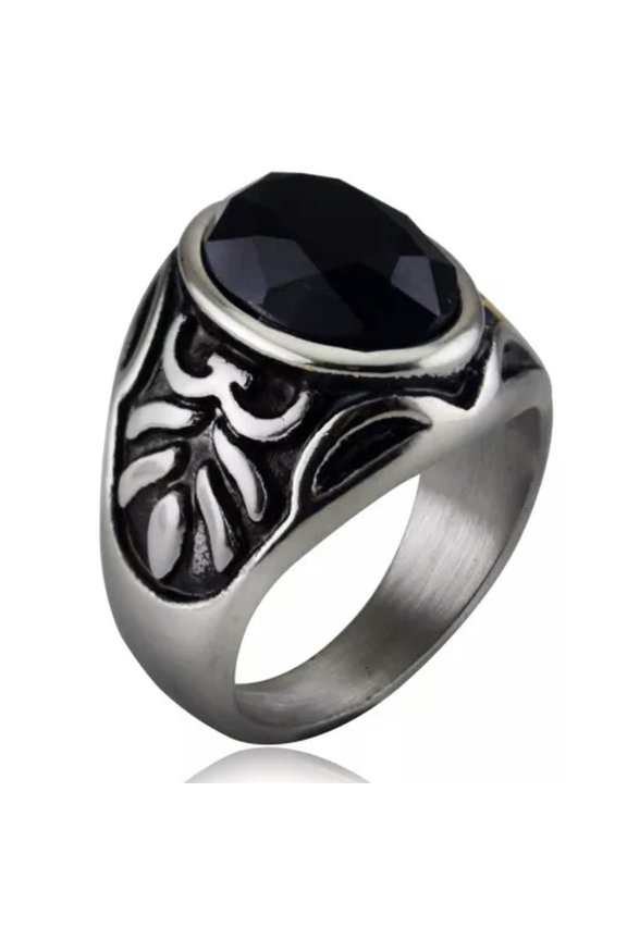 VINTAGE FLOWER BLACK AGATE RING STAINLESS STEEL MEN BIKER GOTHIC PUNK ROCK RING-Silver-12