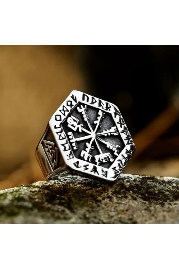 Viking Compass Runes Valknut Ring Stainless Steel Men's Hexagon Signet Punk Ring-11