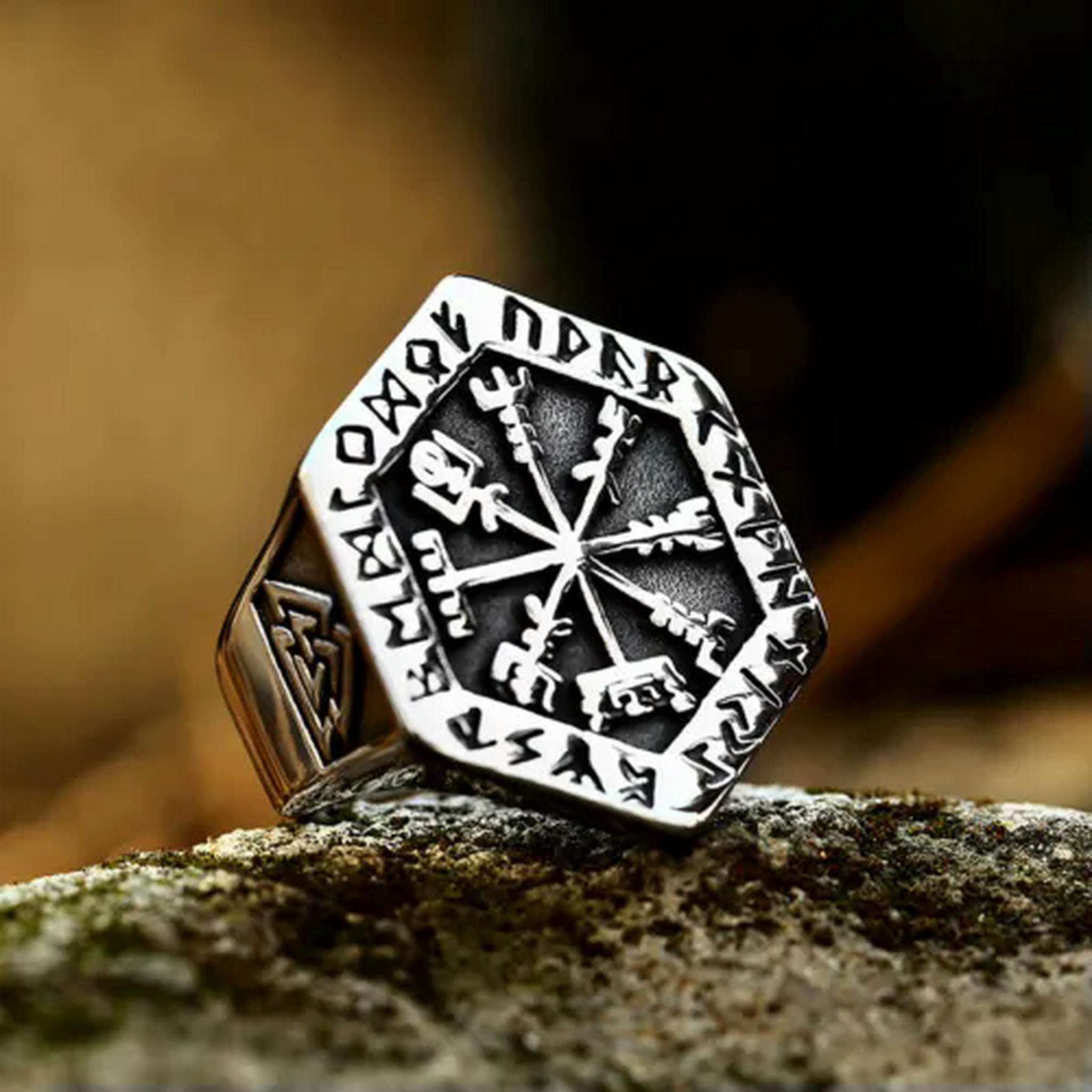 Hexagon Rune HOOUN Viking Compass Runes Valknut Ring Stainless Steel Men's Hexagon ...