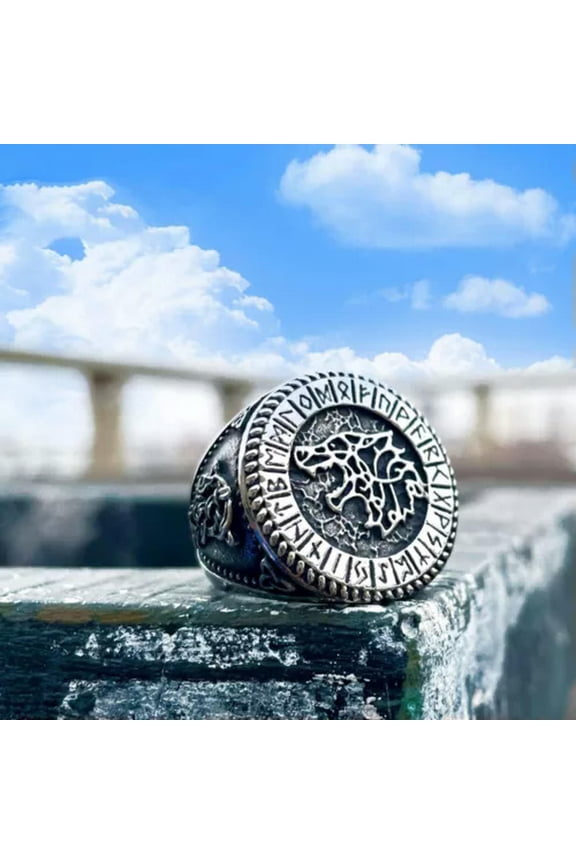 Viking Wolf Head Signet Ring Stainless Steel Men's Mystical Runes Amulet Ring-9