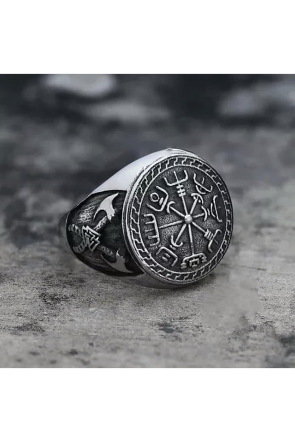 Viking's Cross Axes Compass Ring Men's Vintage Satinless Rings Punk Biker Band-9