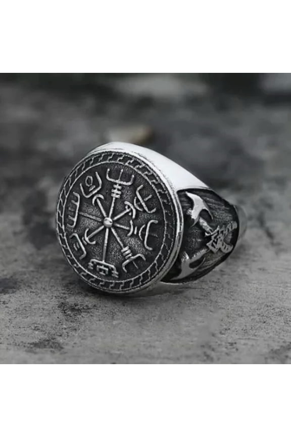Viking's Cross Axes Compass Ring Stainless Steel Men's Vintage Rings Punk Biker-12
