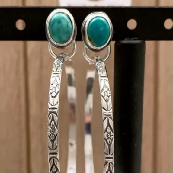 HOOUN Vintage 925 Silver Drop Hoop Turquoise Earrings Women Wedding Party Jewelry Gift-Green Turquoise