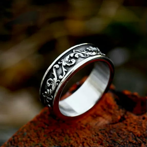 HOOUN Vintage Baroque Flower Pattern Men's Classic Wedding Band Stainless Steel Ring-7