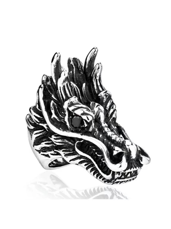 Vintage Black CZ Eye Dragon Head Ring Stainless Steel Gothic Men's Biker Ring-11