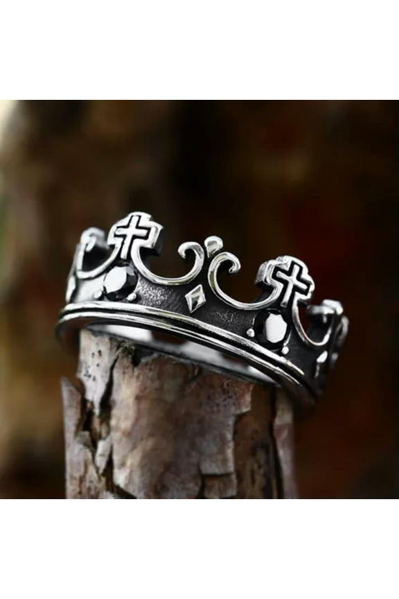 Vintage Black /Red CZ Cross Crown Ring Stainless Steel King Queen Wedding Ring-9-Black