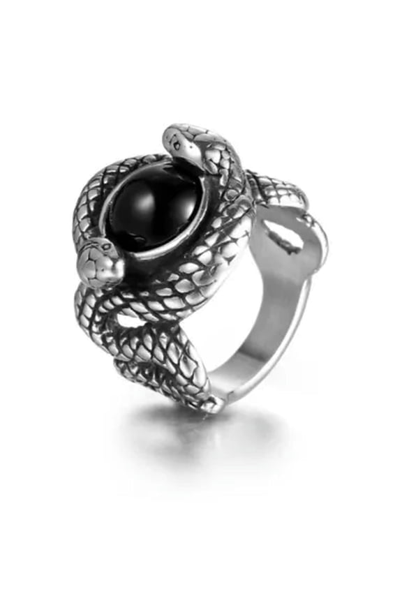 Vintage Black Stone Double Snakes Ring Stainless Steel Men's Biker Jewelry Ring-8