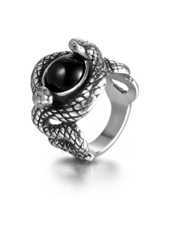 Vintage Black Stone Double Snakes Ring Stainless Steel Men's Biker Jewelry Ring-8