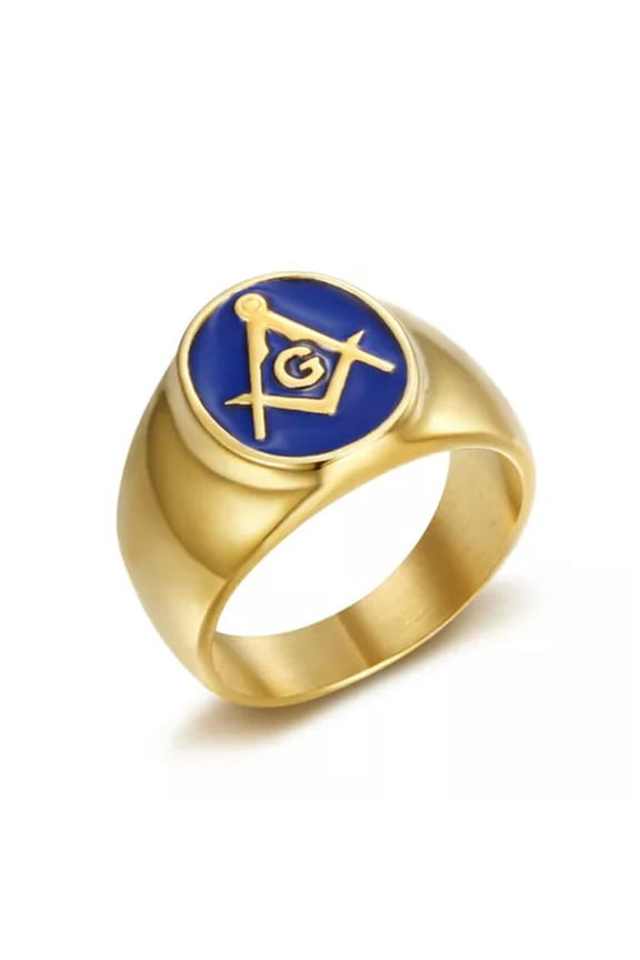 Vintage Blue Enamel Freemason AG Ring Stainless Steel Gold Plated Masonic Ring-7