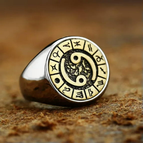 HOOUN Vintage CANCER Star Sign Symbol Ring Stainless Steel Men Women Cancer Ring Gifts-11-Silver-gold