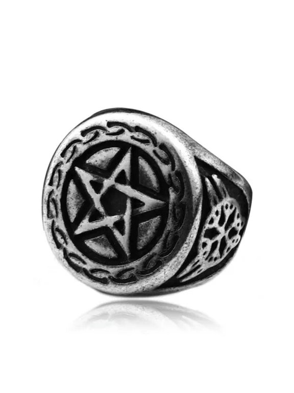 Vintage Circle Pentagram Signet Ring Stainless Steel Men's Retro Star Lucky Ring-8