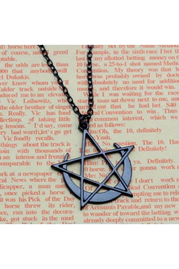 Vintage Crescent Moon Pentagram Pendant Necklace Thin Chain Jewelry for Women-1#Black Pentagram Moon