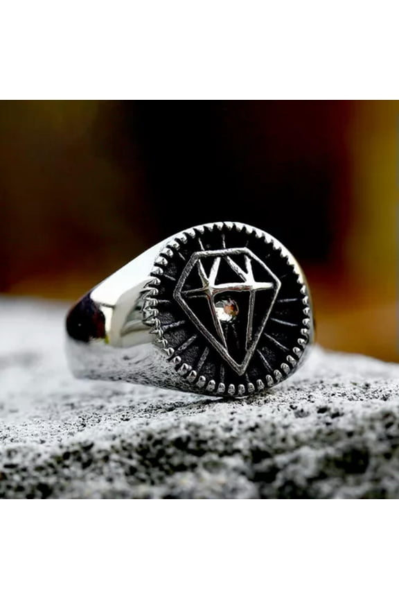 Vintage Diamond Pattern CZ Ring Stainless Steel Men's Boy's Retro Wedding Ring-7