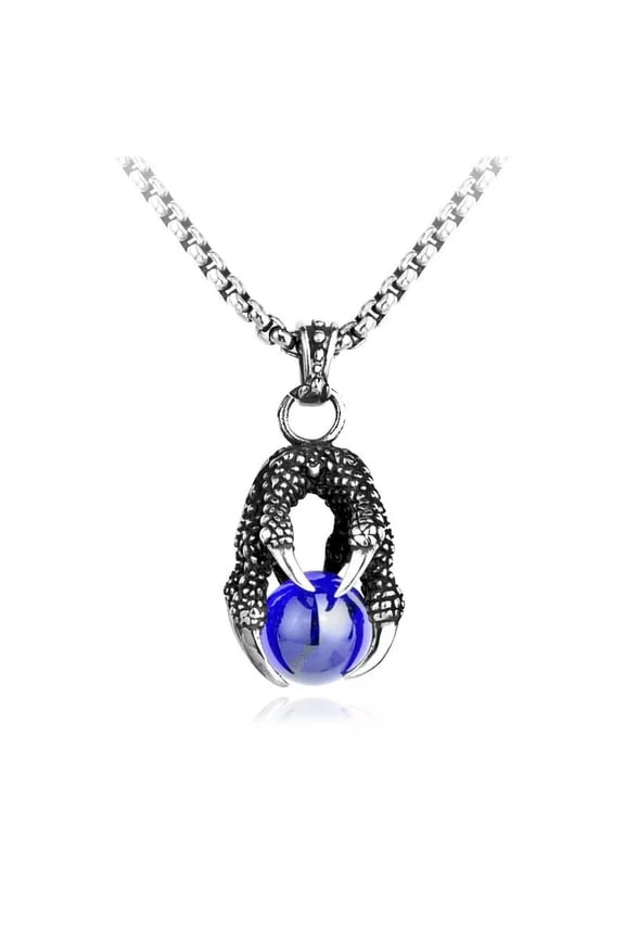Vintage Dragon Claws with Blue Ball Pendant Stainless Steel Men's Biker Necklace