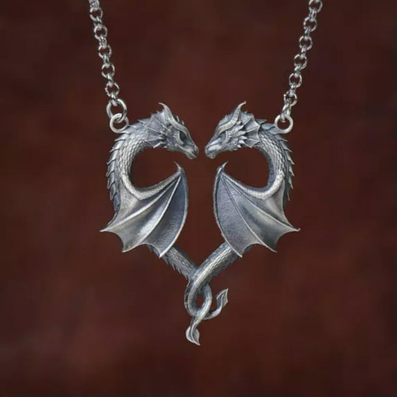 HOOUN Vintage Dragon Pendant Necklace Heart Crystal For Men Women Couples Jewelry Gift-02#Vintage silver Heart Dragon