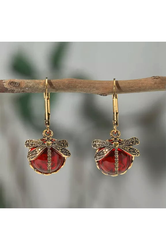 Vintage Dragonfly Crystal Moonstone Hook Dangle Earrings For Women Party Jewelry-Red