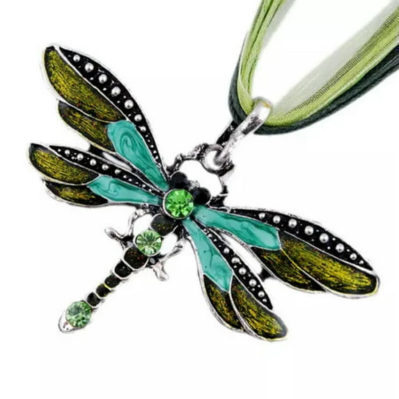 HOOUN Vintage Silver Dragonfly Butterfly Pendant Necklace Sweater Chain Women Jewelry-06#Green Dragonfly