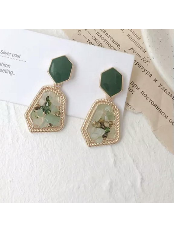 Vintage Earrings Geometric Ear Stud Stone Drop Irregular Women Jewelry -Green