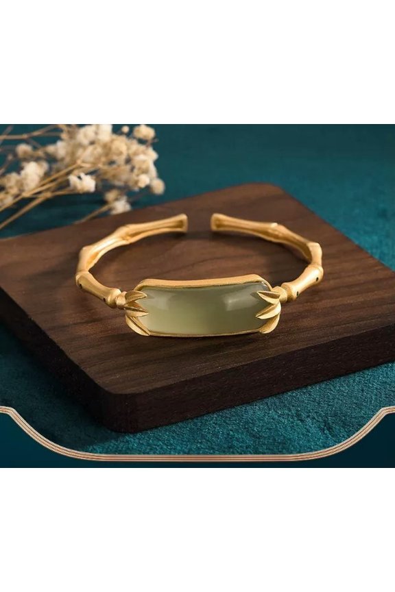 Vintage Ethnic Style Natural Green Jade Bamboo Leaf Green"" Bracelet