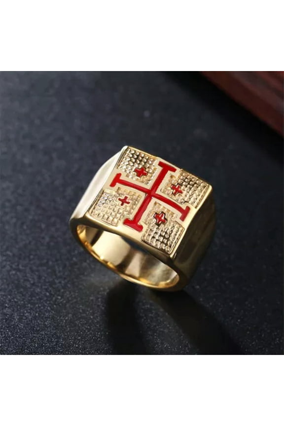 Vintage Gold Plated Crusader Cross Ring Stainless Steel Retro Cross Biker Ring-14